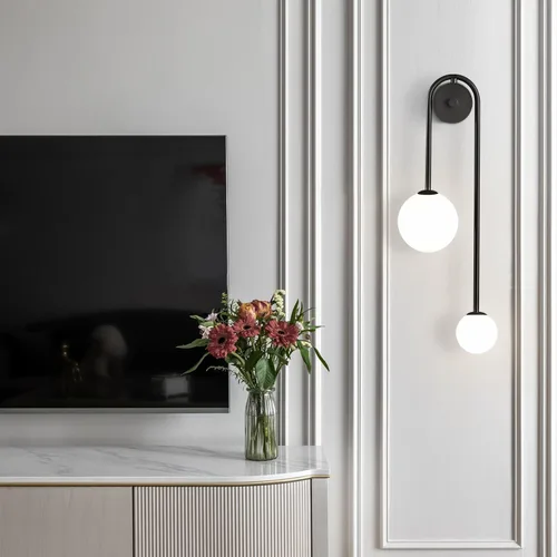 Miniatura 4 de Lámpara de Pared Moderna con Globo de Vidrio de 2 Luces, Aplique de Pared de Latón Doblemente Cepillado, Iluminación de Mediados de Siglo, Lámpara