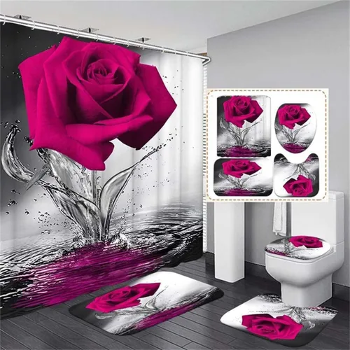 Miniatura 13 de Juego de baño Blue Rose con cortina de ducha y alfombras antideslizantes, tapete de baño, cubierta para tapa de inodoro y 12 ganchos fuertes
