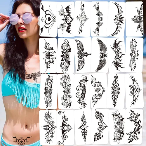 Tatuajes de niña traviesa de 24 hojas, tatuajes temporales de ala negra para mujeres, damas y niñas, diseños de flores sexys para la parte inferior