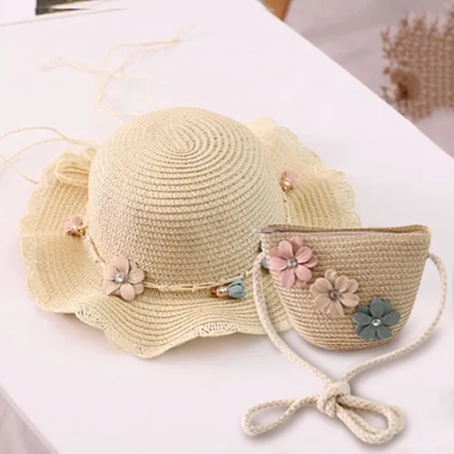 Miniatura 4 de Sombrero de paja para bebé niña + bolsa de playa para niñas, sombrero de paja para niños, sombrero, sombrero de flores para niños