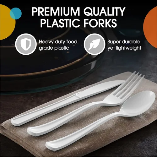 Miniatura 4 de Exquisite Tenedores de plástico blanco, 50 piezas, tenedores blancos, utensilios desechables, juego de cubiertos de plástico resistente