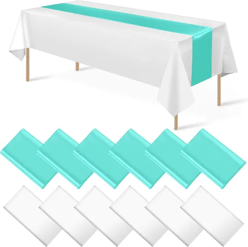 Miniatura 16 de Juego de 12 manteles de satén de 12 x 108 pulgadas y manteles de plástico de 54 x 108 pulgadas, manteles rectangulares desechables en negro y azul