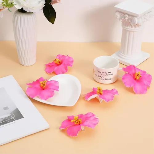 Miniatura 8 de SEWACC Flores artificiales de hibisco hawaiano rosa, 10 flores tropicales sintéticas para decoración de fiestas, 3.93 pulgadas para Luau, baby