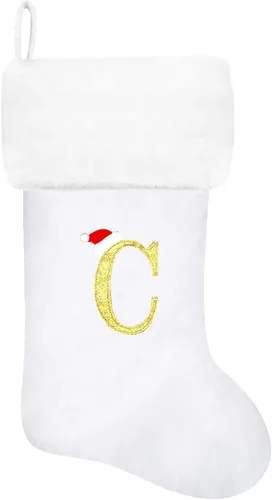 Miniatura 109 de Calcetines de Navidad bordados de 20 pulgadas con monograma, terciopelo negro con puño de felpa blanca supersuave, adornos clásicos para decoración