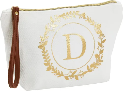 Miniatura 9 de Bolsa de maquillaje personalizada con inicial dorada para mujer, bolsa de cosméticos de lona con monograma, color blanco, Blanco, Dorado, B