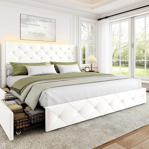 Miniatura 28 de BRELTAM Marco de Cama Tamaño Queen con Cajones de Almacenamiento y Cabecero Wingback Tapizado en Terciopelo Marco de Cama Plataforma Camas Blanco