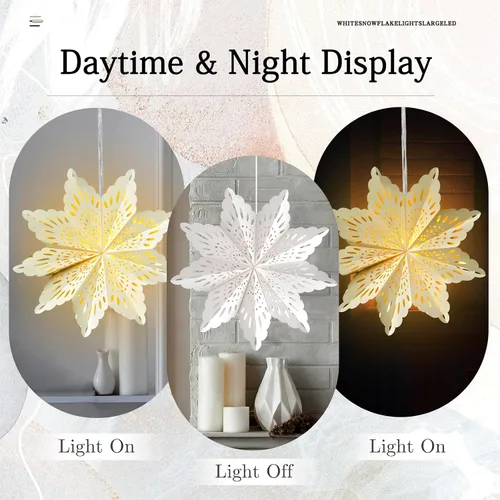 Miniatura 5 de 10 piezas de linternas de copo de nieve de papel de Navidad, grandes linternas de papel de estrella de Navidad con luces LED, adornos blancos