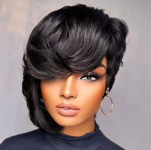 Miniatura 25 de PangDongLai Pelucas de cabello humano con corte Pixie para mujeres negras, pelucas de corte Pixie en capas con flequillo, sin pegamento, cabello