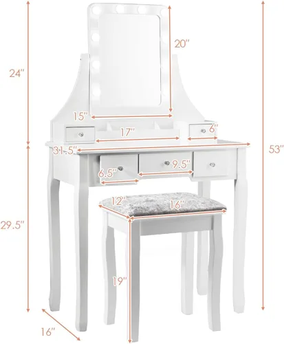 Miniatura 7 de COSTWAY Juego de escritorio de tocador con espejo iluminado, escritorio giratorio de 360° con 10 bombillas LED, tocador de maquillaje con 5 cajones