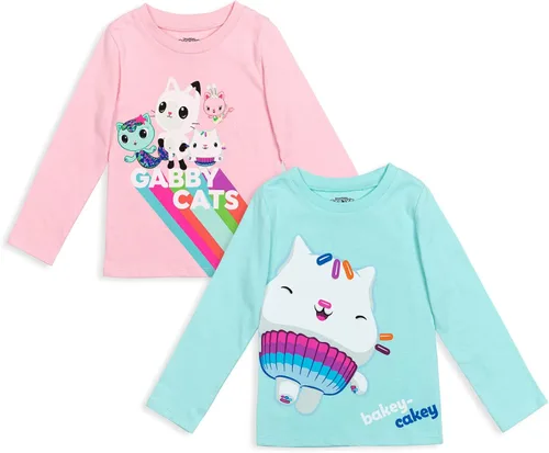 Dreamworks Gabby's Dollhouse MerCat Cakey Cat Kitty Fairy Pandy Paws - Paquete de 2 camisetas para niñas de niños pequeños a niños pequeños