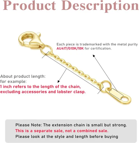Miniatura 4 de Extensor de collar de oro real de 10 quilates y 14 quilates de 11.522.5345 pulgadas, cadena extensora de collar y pulsera, cadena extensora de oro