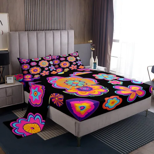 Erosebridal Groovy Flower Power - Juego de ropa de cama tamaño Queen para niñas, color morado neón, negro, vintage, floral, hippie, estética, Groovy