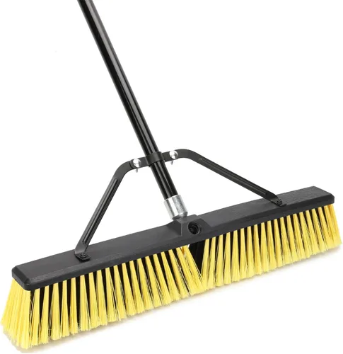 Escoba de empuje de 24 pulgadas para exteriores, escoba resistente con mango largo de 63 pulgadas para terraza, entrada, garaje, patio, limpieza de