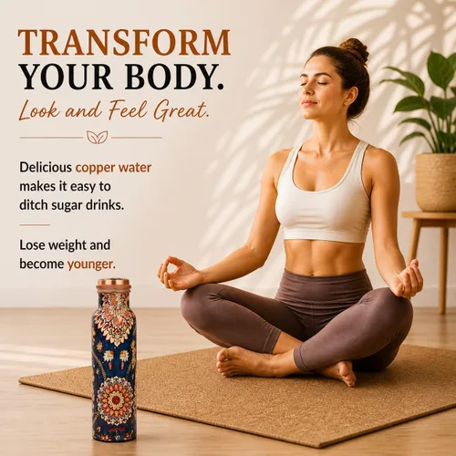 Miniatura 8 de Botella de agua de cobre puro - Hecha a mano - Beneficios para la salud de ayurveda - Grande 35 oz - A prueba de fugas - Fácil de llevar para Índigo