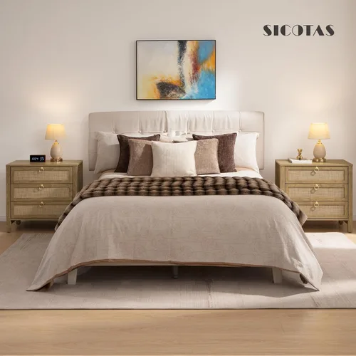 Miniatura 4 de SICOTAS Mesita de noche con cajones, mesa de noche grande de ratán con tirador dorado, mesita de noche de 3 cajones, mesa auxiliar alta, mesa