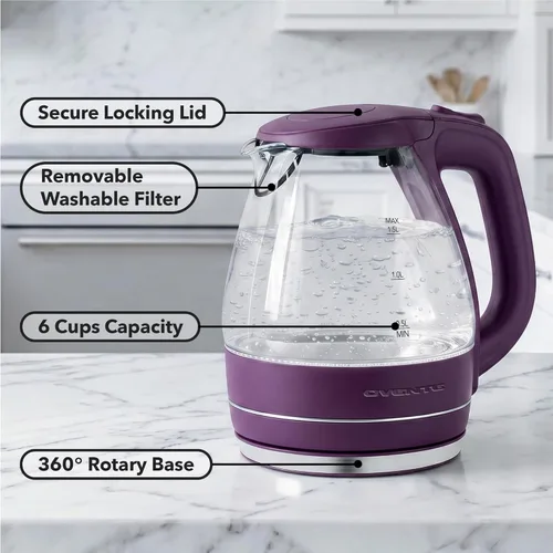 Miniatura 2 de OVENTE Hervidor de vidrio eléctrico portátil de OVENTE 1.5 litros con luz azul LED y base de acero inoxidable, calefacción rápida Hacedor de té