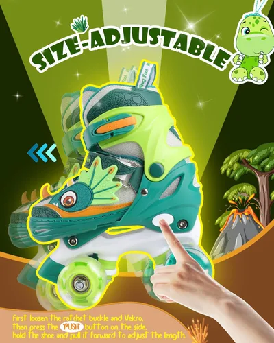 Miniatura 3 de Dino - Patines de ruedas para niños y niñas, WESKIFAN Dinosaur Quad Skating Shoes con ruedas brillantes y tamaños ajustables para principiantes
