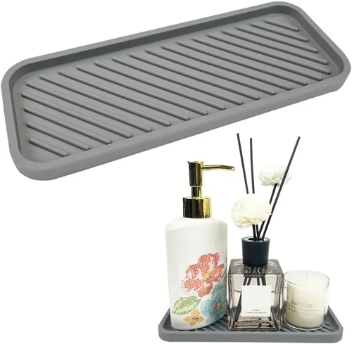 1 soporte de esponja de silicona, bandeja para fregadero de cocina, baño, ducha, jabonera, dispensador organizador de cepillos para botellas (gris)