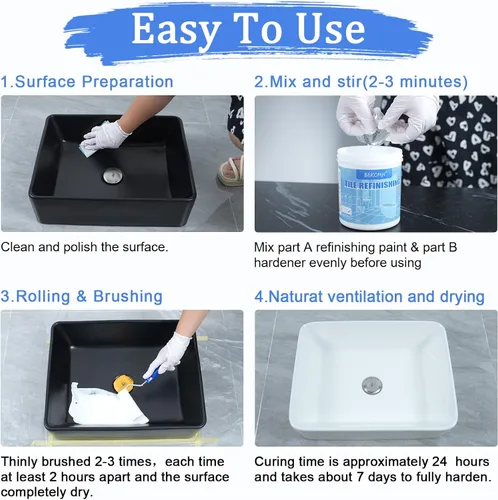 Miniatura 9 de BEKOMN Pintura para Bañera, Kit de Renovación de Bañera y Azulejos 33oz con Herramientas, Pintura para Bañera Blanca a Base de Agua de Bajo Olor