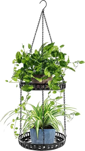Soporte para plantas colgantes para interior y exterior, estante para plantas colgantes de 2 niveles, soporte para plantas colgantes de metal para