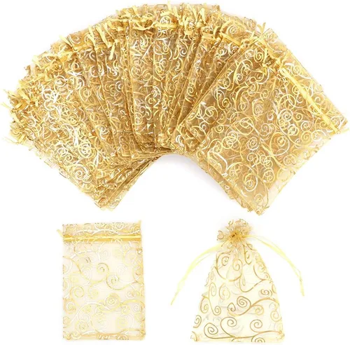 Staruby Bolsas de regalo de organza, 100 bolsas de organza transparente dorada de 4 x 6 pulgadas, bolsas de regalo con cordón para joyas, ratán, 100