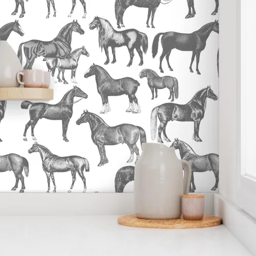 Miniatura 8 de Papel tapiz autoadhesivo de 6 x 2 pies – Caballos victorianos impresión grande blanco y negro estilo vintage Pony ecuestre personalizado extraíble