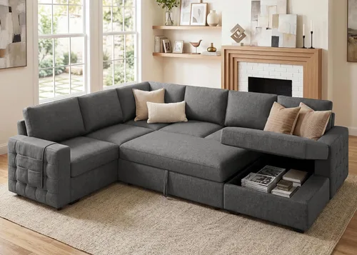 Miniatura 15 de HONBAY Sofá seccional con cama extraíble, sofá cama seccional con almacenamiento, sofás en forma de U para sala de estar, terciopelo beige