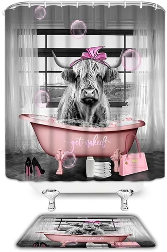 Juego de 2 cortinas de ducha para baño, diseño de vaca de las tierras altas, color rosa, divertido y lindo animal para tina, bolsa de tacón alto de