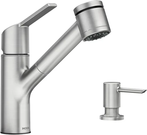 Moen Sombra Spot Resist 87701SRS - Grifo de cocina con rociador extraíble de una sola manija de acero inoxidable con dispensador de jabón y limpieza