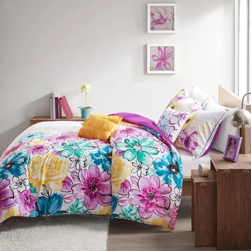 Miniatura 11 de Juego de edredón de Intelligent Design con diseño floral vibrante, ropa de cama para niñas, juego de funda de almohada combinada, almohada Floral