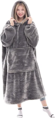Miniatura 32 de Waitu - Sudadera tipo manta, para regalar a hombre o mujer, muy cálida y acogedora, gigantesca, con capucha, de gruesa franela, con mangas y un Negro