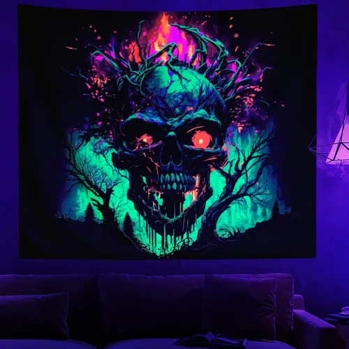Miniatura 2 de SparkLia Tapiz de calavera de fuego con luz negra, esqueleto ardiente reactivo a los rayos UV, para colgar en la pared, brilla en la oscuridad