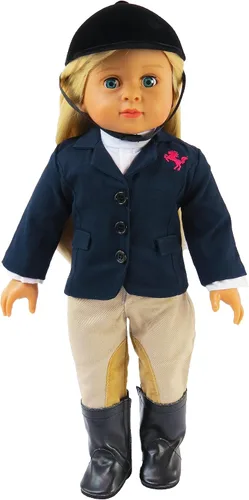 Miniatura 3 de American Fashion World Traje de equitación para muñecas de 18 pulgadas Casco y botas incluidos Calidad premium y diseño moderno Ropa