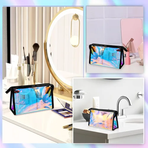 Miniatura 6 de BESARME Bolsas de maquillaje holográficas a granel para mujer, bolsa de aseo portátil transparente con cremallera, Negro holográfico