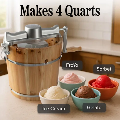 Miniatura 3 de Máquina eléctrica para hacer helados, máquina de helado de 4 cuartos de galón con manivela y paleta eléctrica, máquina de helado de cubo de madera