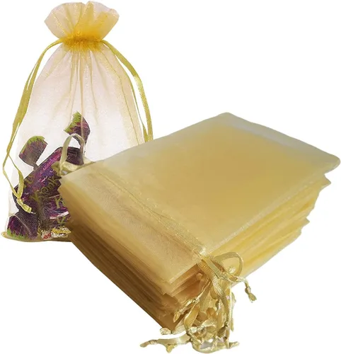 50 bolsas de organza con cordón de regalo para joyas, tela transparente de color sólido de 4 x 6 pulgadas, malla dorada reciclada, bolsa de
