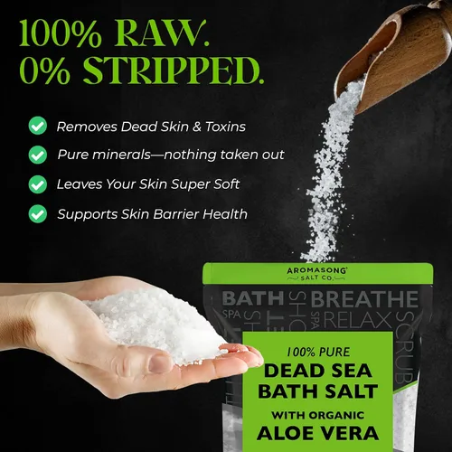 Miniatura 2 de Aromasong Sal orgánica del mar muerto de aloe vera de 19 libras + baño de recuperación muscular paquete de 3 libras – Hidratación calmante