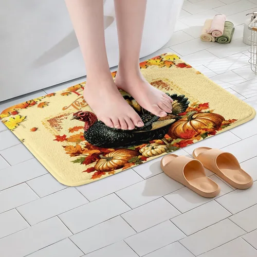 Miniatura 5 de Erosebridal Thanksgiving Turkey Bathroom Rugs - Fall Leaves Pumpkin Bath Mat for Kids Adults, Vintage Autumn Harvest Door Mat 16 x 24 Inch Rustic