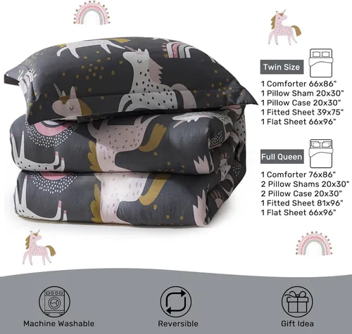 Miniatura 6 de HollyHOME Juego de edredón de microfibra suave de unicornio y arco iris para adolescentes y niñas, juego de cama de 7 piezas en una bolsa