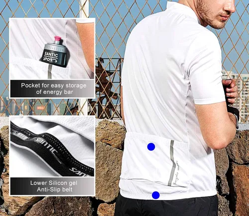 Miniatura 5 de Santic Camiseta de ciclismo para hombre, manga corta, camiseta de ciclismo de carretera, cremallera completa, UPF 50+, MTB con bolsillos