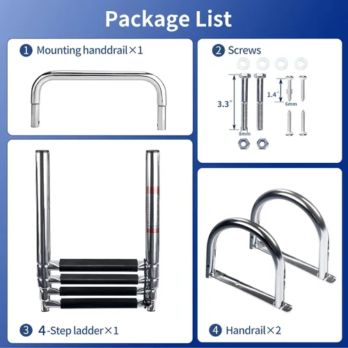 Miniatura 2 de Escalera para barco pontón de acero inoxidable de 4 escalones, resistente plegable y telescópica para entrada trasera, con barandilla de mano