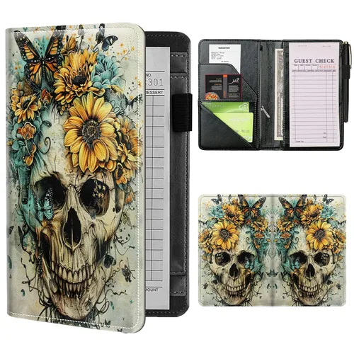 Miniatura 17 de Libros de mesero para camarera con bolsillo con cremallera, lindo esqueleto de baile, almohadillas de cuero para servidor, organizador de meseros