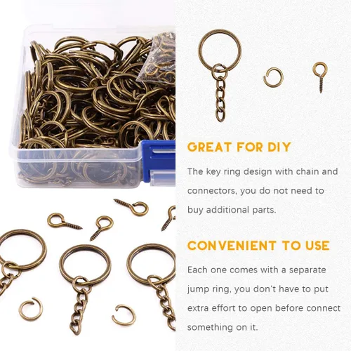Miniatura 6 de 450 llaveros divididos de bronce de 0.78 pulgadas con cadena y anillo de salto a granel, kit de piezas de llavero para suministros de manualidades