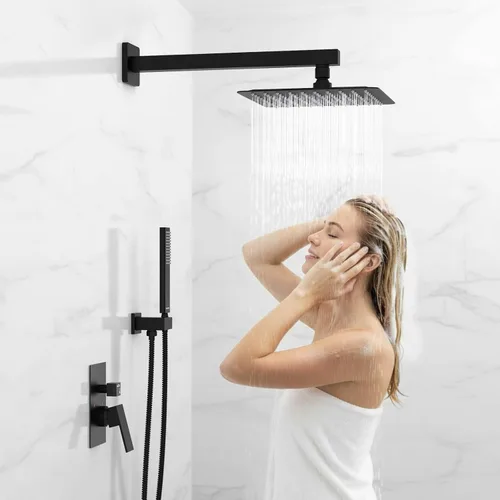 Miniatura 2 de Juegos de sistema de grifería de ducha negros: EMBATHER Juego combinado de ducha con cabezal de lluvia superior de 10 pulgadas con ducha de mano