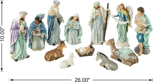 Miniatura 2 de Glitzhome Juego de 12 figuras de pesebre para Navidad en interiores, juego de belén cristiano de resina azul de lujo, adornos de mesa en miniatura