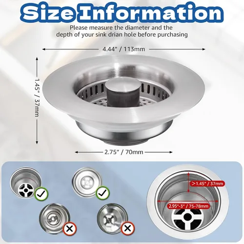 Miniatura 2 de pollock SUS304 - Tapón de drenaje para fregadero de cocina 4 en 1, tapón de acero inoxidable con cesta coladora, tapón antiobstrucción