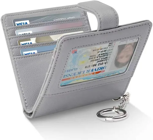Miniatura 10 de FurArt Cartera plegable para mujer con 9 ranuras, bloqueo RFID, ventana de identificación, cartera compacta con llavero