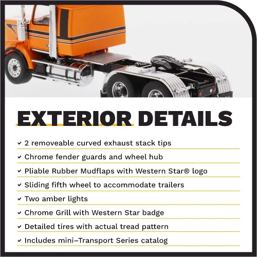 Miniatura 5 de Diecast Masters Western Star 4900 SB Sleeper Tandem Tractor - Cabina naranja metalizada con rayas negras 1/50