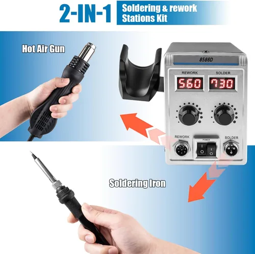 Miniatura 2 de 8586D Estación de soldadura 2 en 1, estación de retrabajo de aire caliente SMD, pantalla digital dual LED con pistola de calor y kit de soldadura