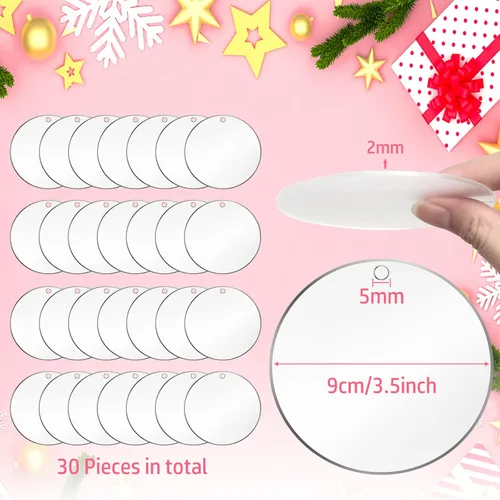 Miniatura 5 de Cludoo Adornos acrílicos en blanco de 3.5 pulgadas, 30 piezas de adornos acrílicos redondos transparentes, adornos de disco acrílico con agujero